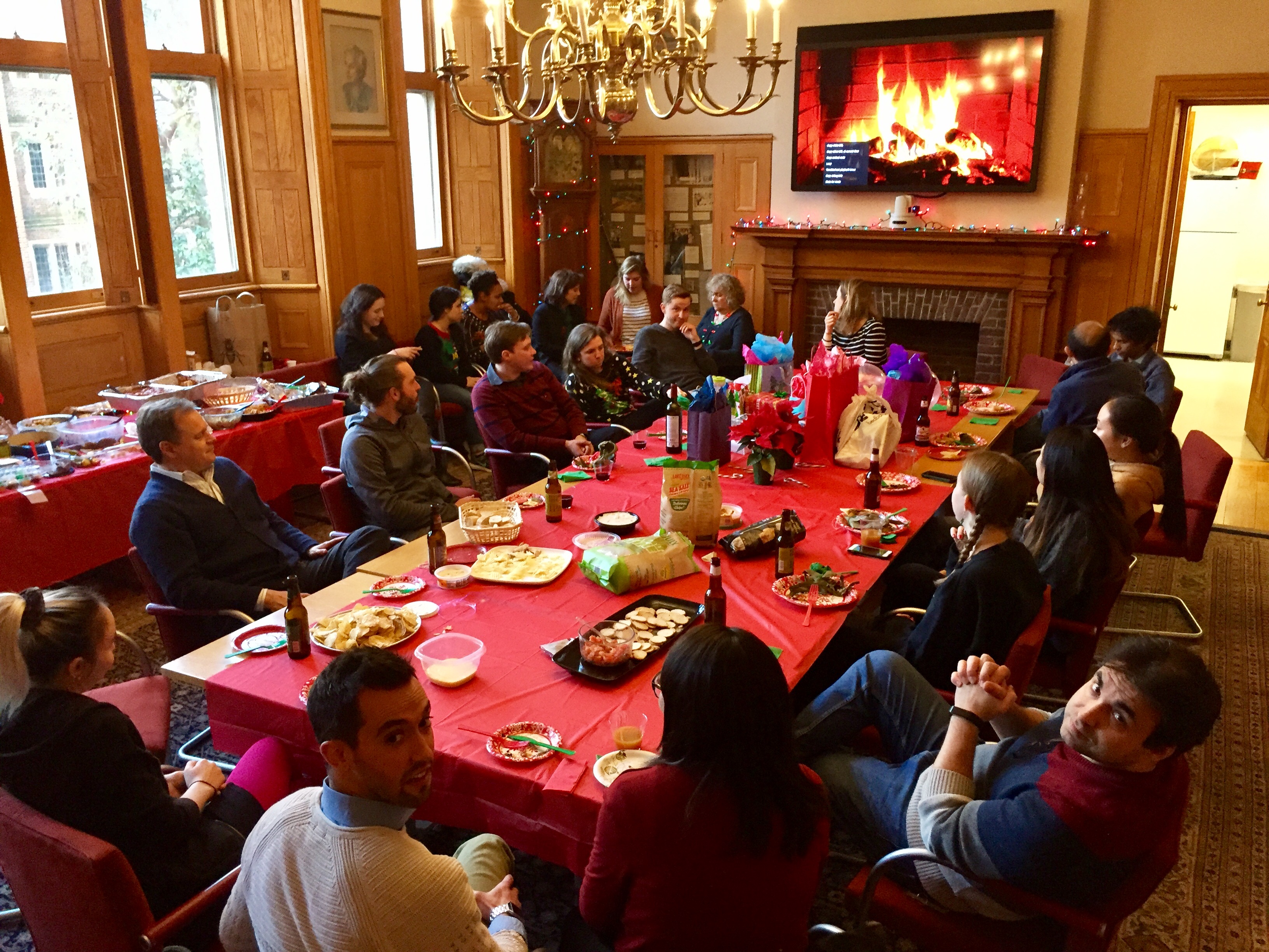 Joint lab holiday party in the Wood room